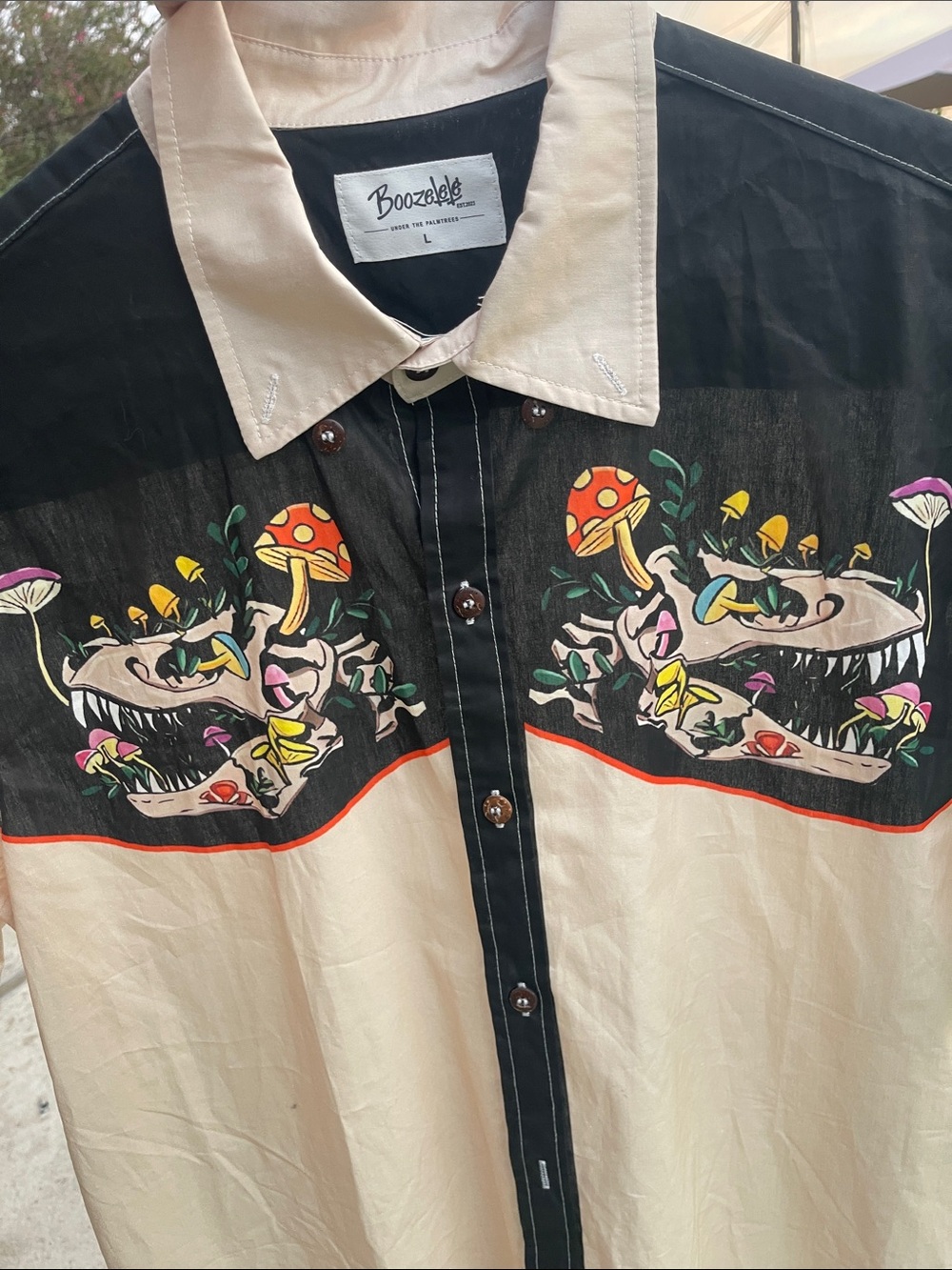 Boozelele Man Button Up Shirt Dressy Dinosaur Mushroom Sz L - Picture 9 of 9